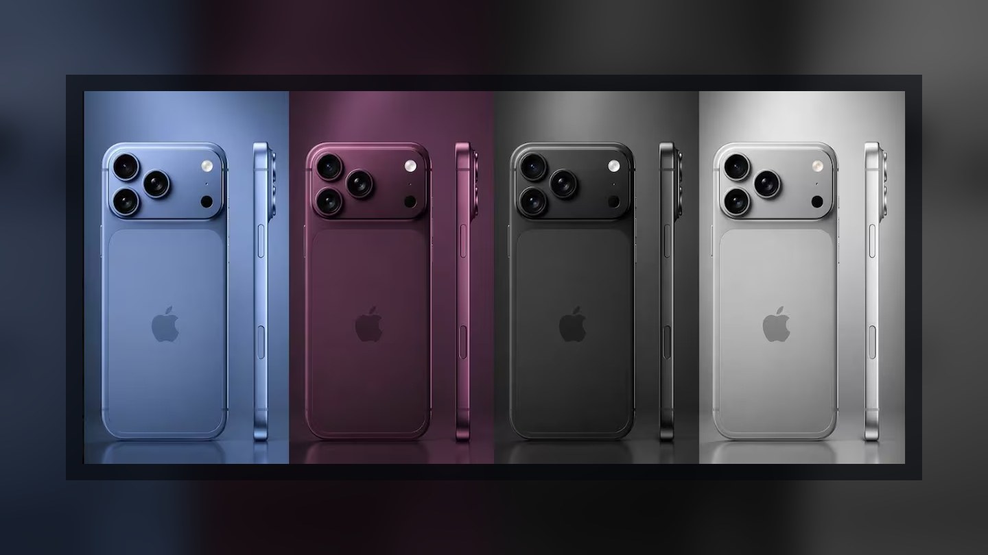Composición conceptual de cuatro posibles modelos de la futura familia iPhone 18 en azul, borgoña, negro y plata