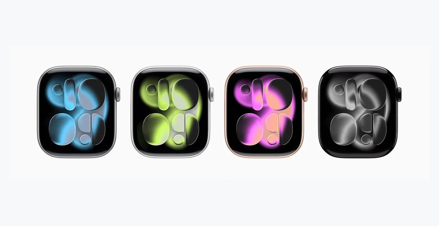 Concept row of Apple-style watches in blue, green, violet, and black finishes